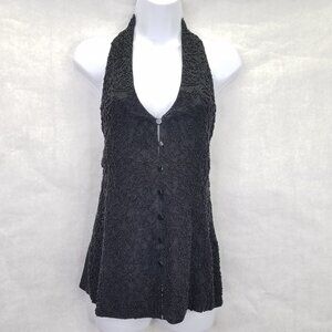 Vtg Kenar Studios Beaded Vest Women L Black Party Halter Top Button Front V-Neck